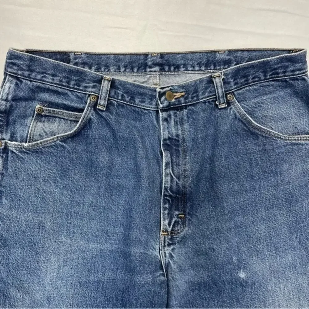 Wrangler Jeans Size 38 medium wash blue distressed denim workwear 90s vintage